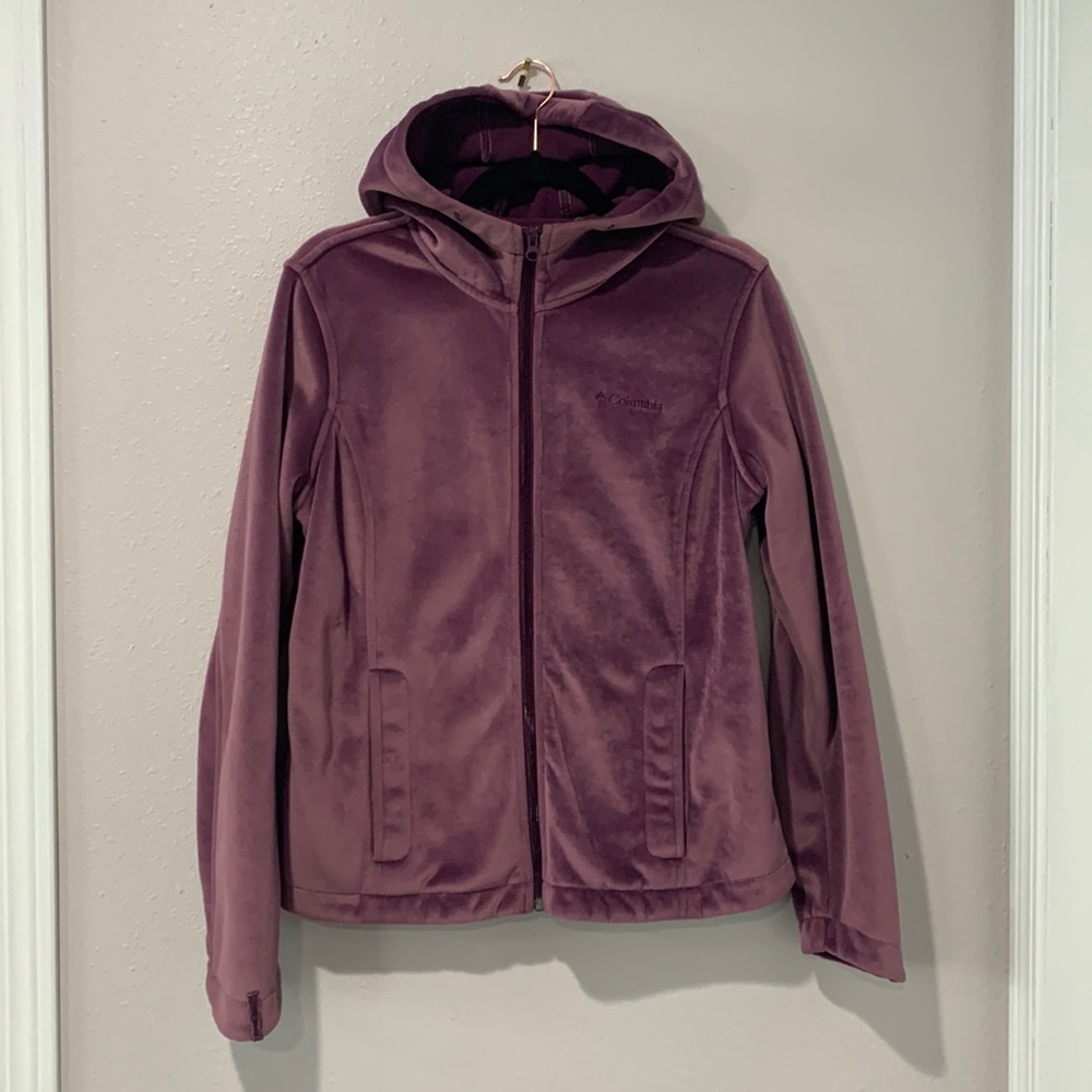 Rare Columbia Zip Up Hooded Jacket, Suede Look, Purple, Scuba Hoodie